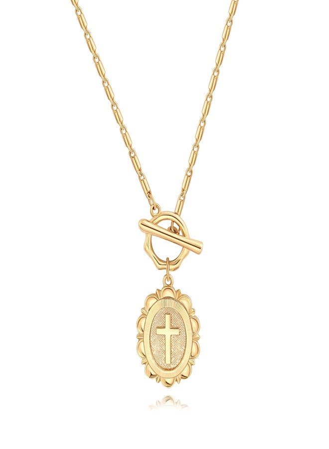 POTESSA 18K Gold Plated Cross Necklace Vintage Coin Pendant Neck Chain Handmade Jewelry for Women - Image 1